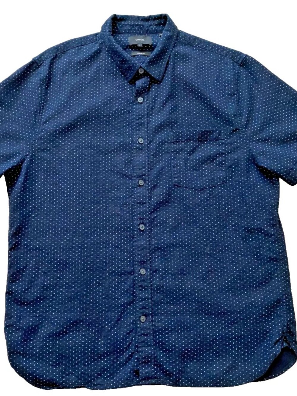 VINCE Navy Short Sleeve Linen Blend Button-Up Shirt